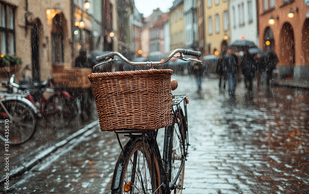 Fototapeta premium Rainy city street scene with bicycle