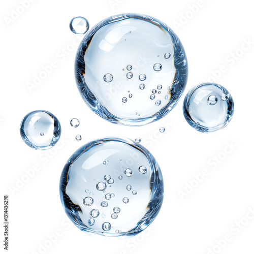A collection of clear, spherical bubbles with reflections and tiny air bubbles inside, showcasing their rounded forms and smooth surfaces.