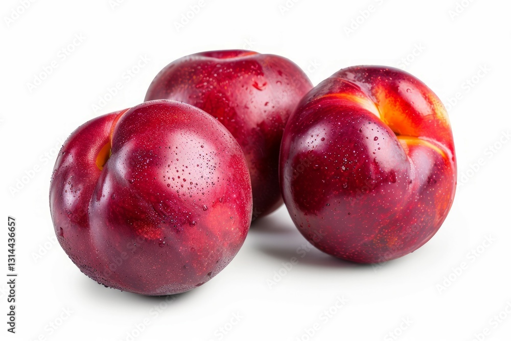 Trio of red plums on white background. Neural network AI generated Trio of red plums on white background. Neural network AI generated