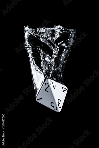 Splash photography of a 4 faces dice dropped in water with black background