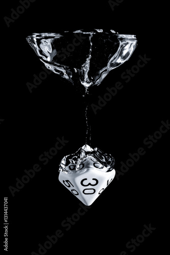 Splash photography of a 10 faces dice dropped in water with black background