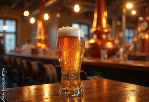 frothy beer glass vibrant brewery background illuminating rich hues refreshing vibes truly inviting visual experience, amber, beverage, bubbly, brewmasters photo