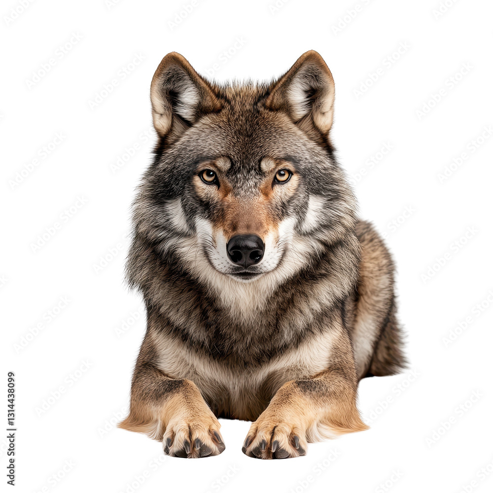 Majestic wolf resting with piercing gaze Majestic wolf resting with piercing gaze