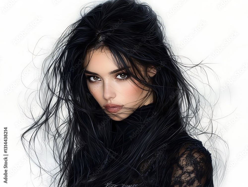 Naklejka premium Intricate pencil drawing of a mysterious black-haired woman, fine details, soft yet bold strokes, deep contrast shading, textured graphite finish, artistic hand-drawn portrait, no background, 