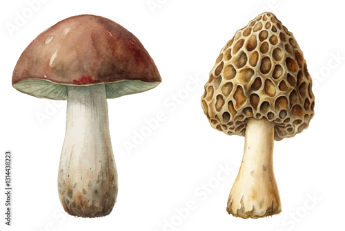 Realistic mushroom illustration, nature-inspired design, botanical art style, edible mushroom varieties, detailed textures, organic aesthetic.