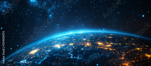 Glowing blue planet Earth with digital global network lines in starry space, abstract connectivity concept of internet communication technology with light effects and data flow visualization. Modern d