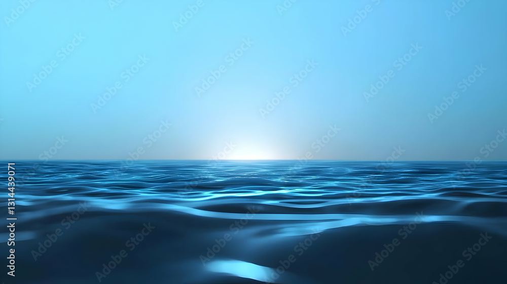 Sunrise Over a Tranquil Deep Blue Ocean with Sparkling Waves and a Light Blue Sky Sunrise Over a Tranquil Deep Blue Ocean with Sparkling Waves and a Light Blue Sky