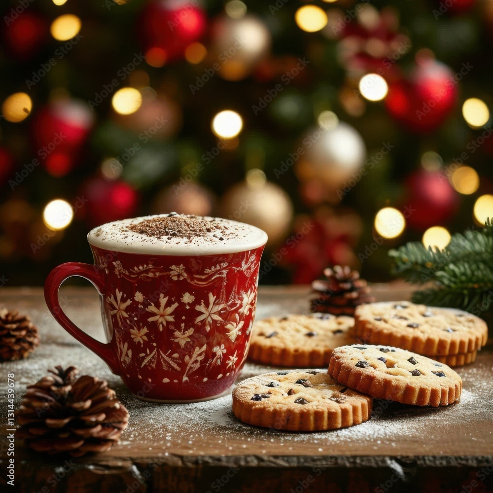 A steaming cup of cocoa next to cookies near a beautifully decorated Christmas tree. Generated AI A steaming cup of cocoa next to cookies near a beautifully decorated Christmas tree. Generated AI