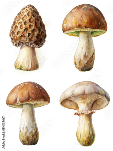 Hand-painted mushrooms, botanical illustration, detailed textures, nature art, edible fungi, organic design, watercolor style.