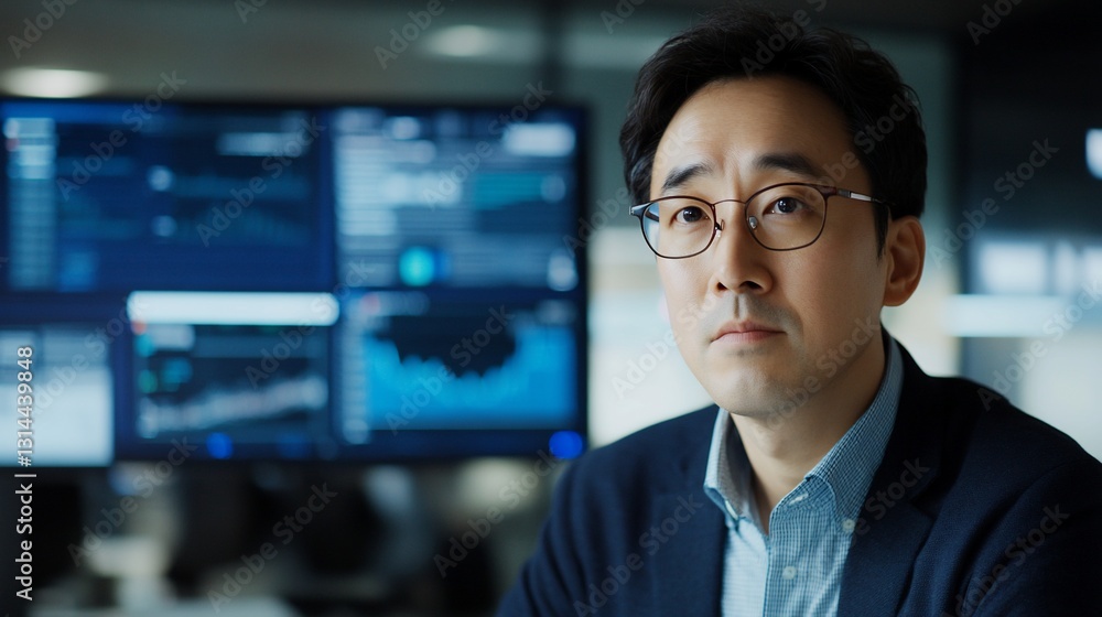 Focused Man, Office, Data Screens, Night Focused Man, Office, Data Screens, Night
