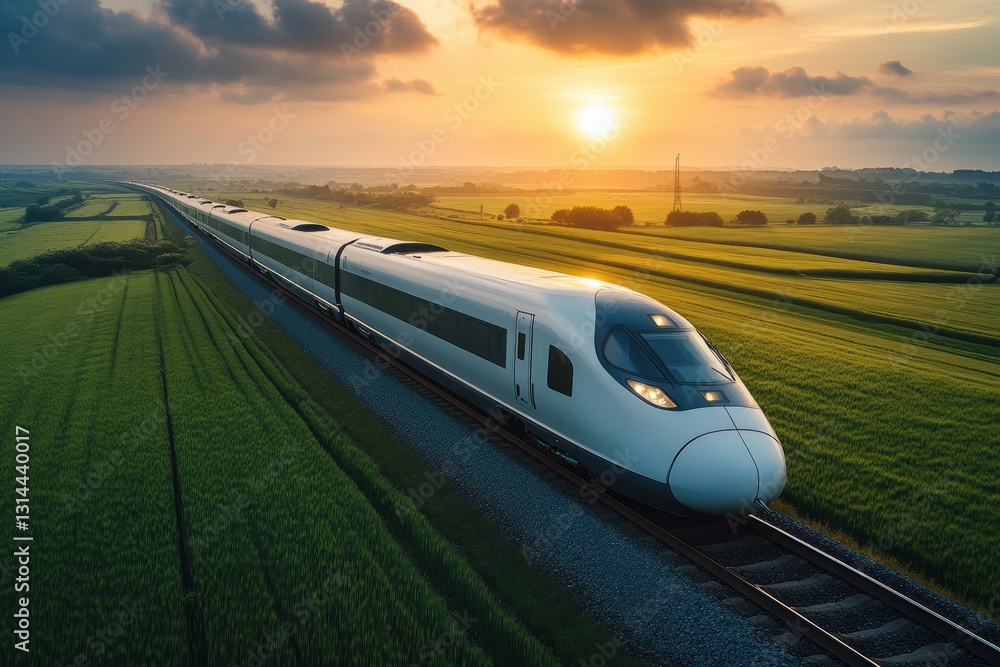 Fototapeta premium High-speed train travels through lush green fields during sunset in a modern landscape