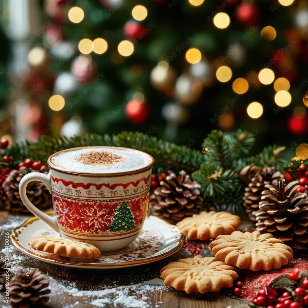 Fototapeta premium A steaming cup of cocoa next to cookies near a beautifully decorated Christmas tree. Generated AI