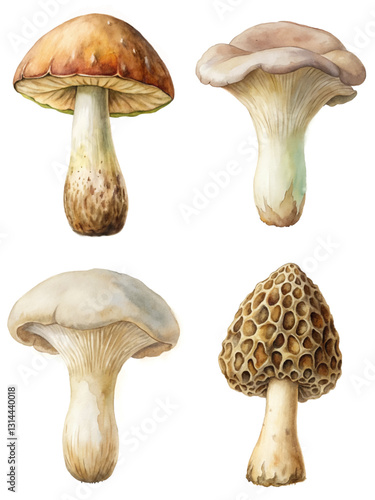 Realistic mushroom illustrations, detailed botanical art, nature study, edible fungi, watercolor style.