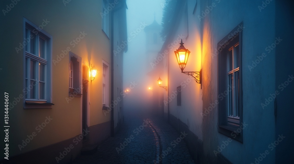 Foggy cobblestone alley, night lights, old town Foggy cobblestone alley, night lights, old town