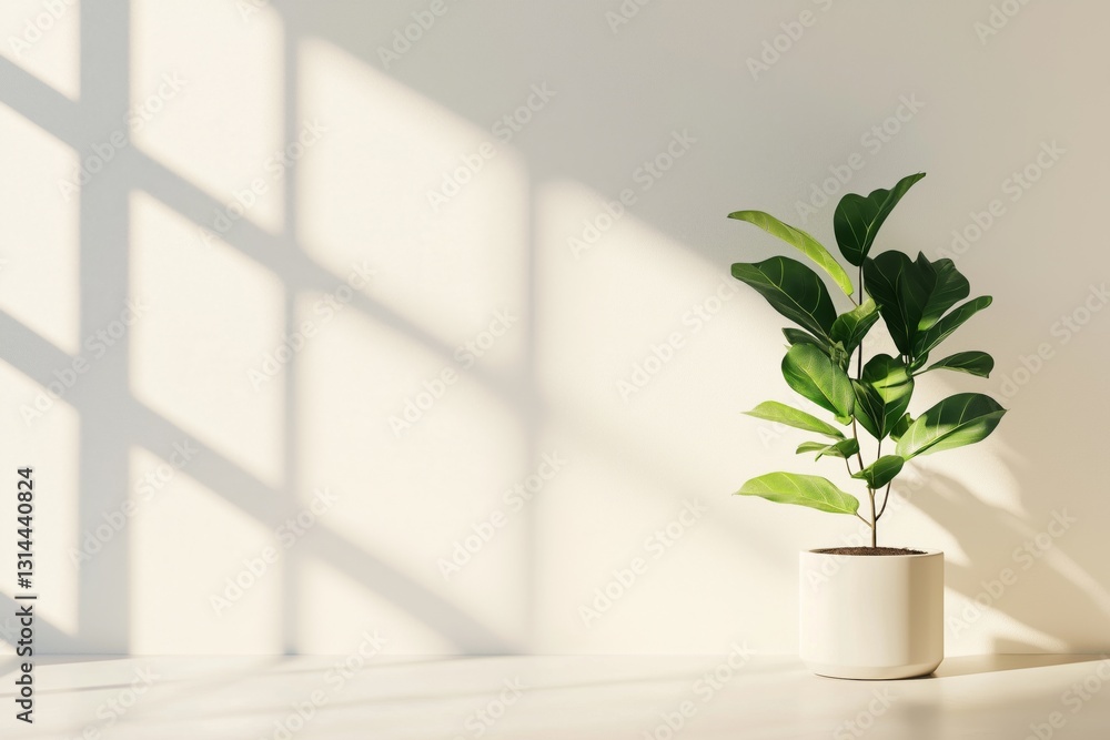 An empty white room with a shadow from the window on the wall and a green potted plant with copy space.