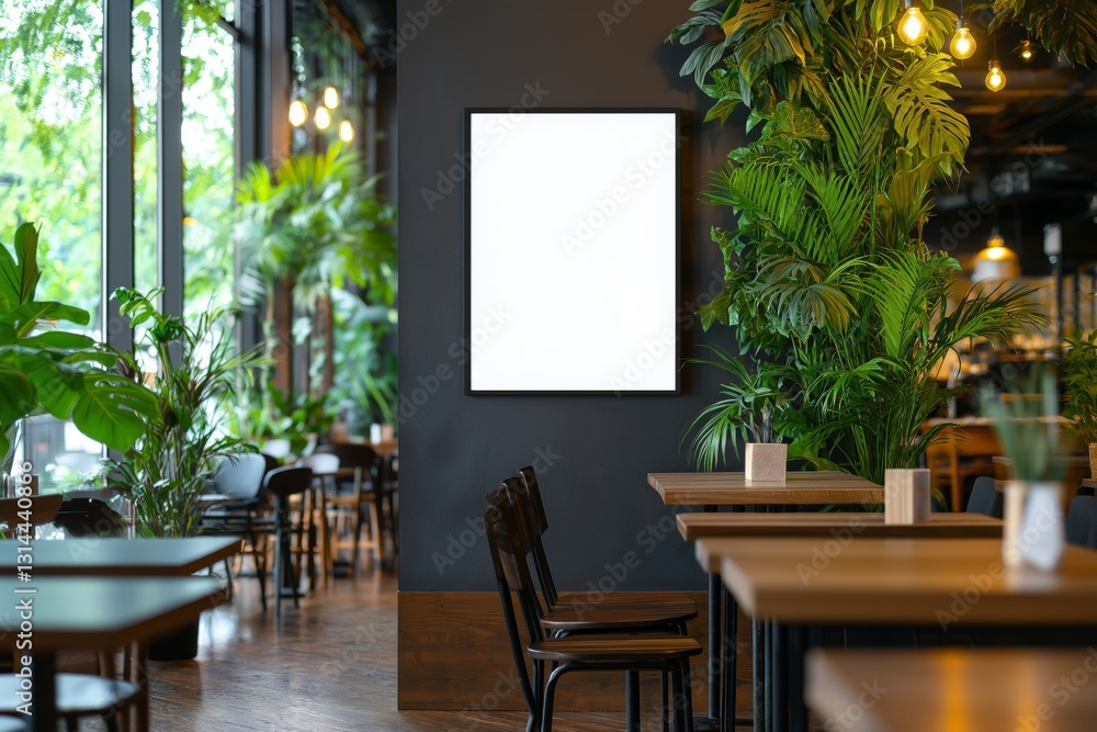 A white mockup of an empty poster on a dark wall in the interior of a coffee shop.