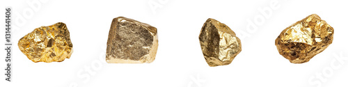 A raw gold nugget rock specimen with a natural, shiny texture and bright golden color is perfect for geological research and mineral collection, isolated on a transparent background in png format
