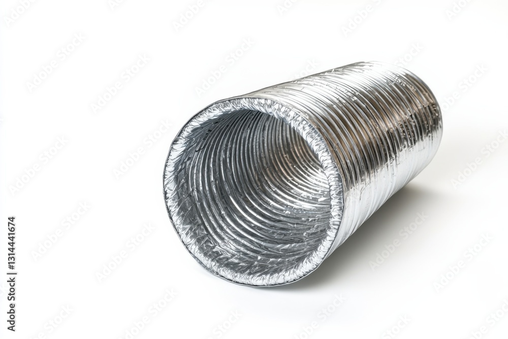 Flexible duct with shiny metallic finish isolated on a clean white background showcasing sharp details Flexible duct with shiny metallic finish isolated on a clean white background showcasing sharp details