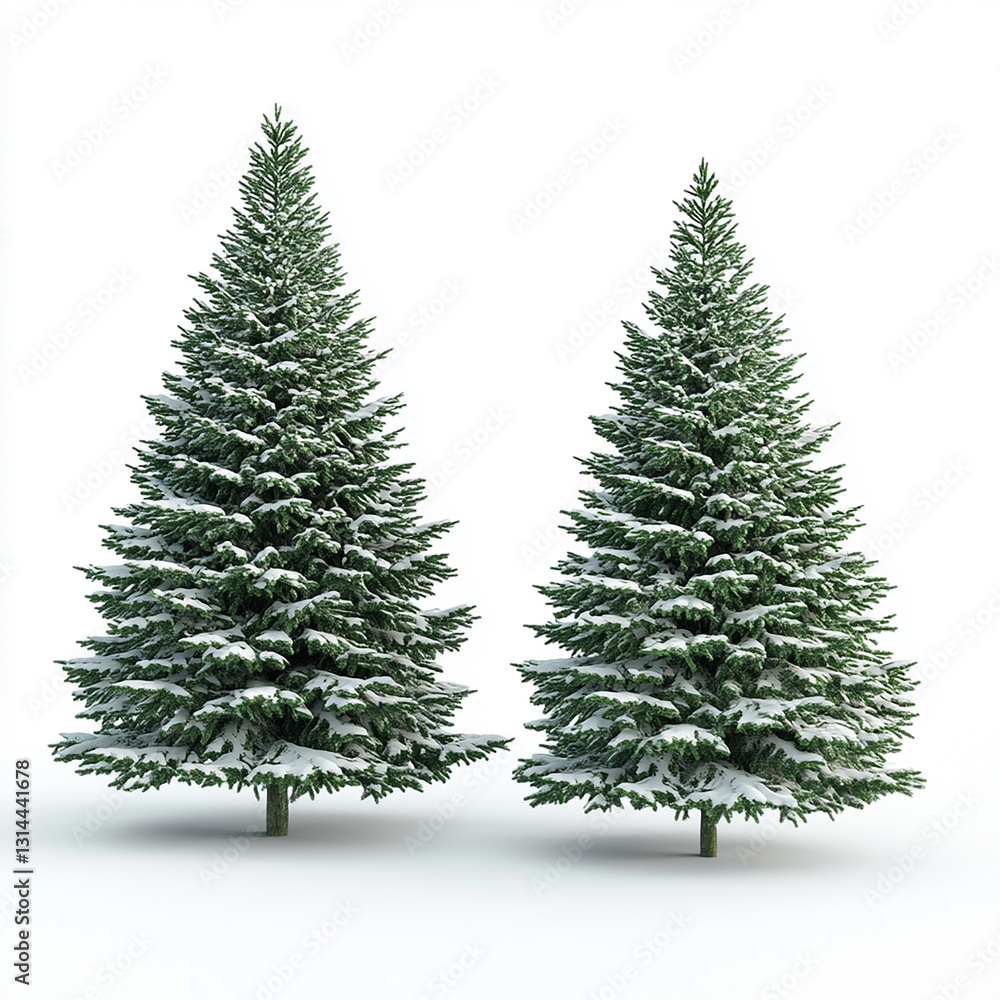 Obraz premium Two beautiful snow covered evergreen trees winter landscape scene 3d fir pine cold path calm pure woods white image model