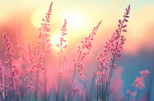 Soft blurred background of ethereal sky and tall grasses with cool blue tones, warm sunlight filtering through clouds creating tranquil nature scene. Vintage filter applied for dreamy nostalgic landsc