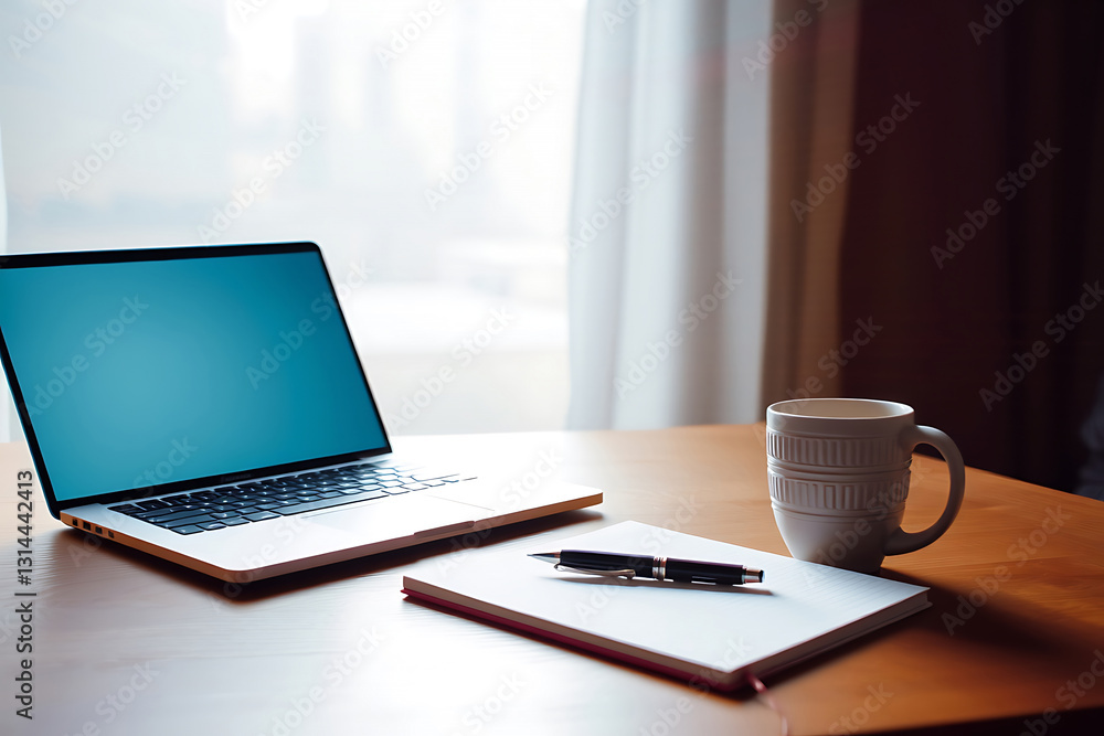 Minimalist workspace stock-image with a modern laptop, sleek notebook, and a stylish coffee cup on a clean white desk, creating a professional and productive environment with an elegant and Minimalist workspace stock-image with a modern laptop, sleek notebook, and a stylish coffee cup on a clean white desk, creating a professional and productive environment with an elegant and
