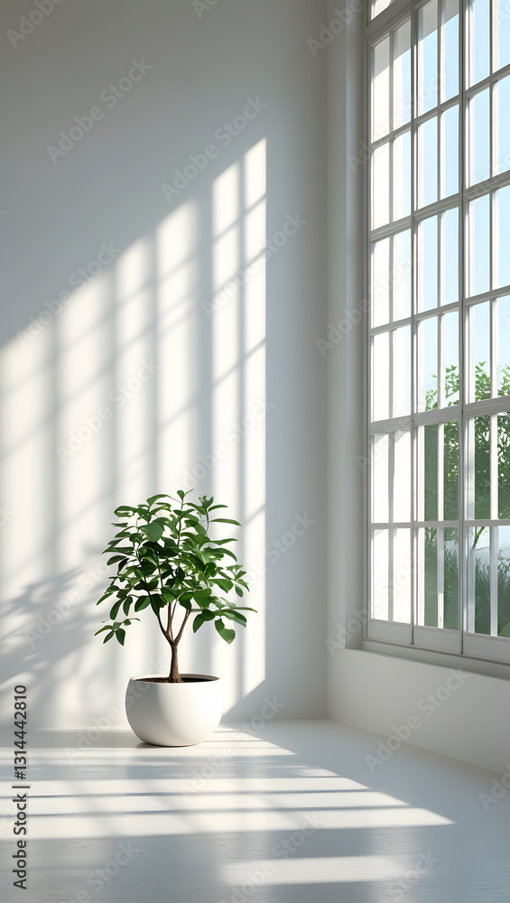 This tranquil minimalist interior is a perfect blend of simplicity and natural beauty, featuring a lone potted plant in a round white pot on a polished white floor. This tranquil minimalist interior is a perfect blend of simplicity and natural beauty, featuring a lone potted plant in a round white pot on a polished white floor.