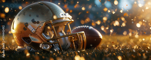 Gold football helmet and ball on grass, confetti falling.