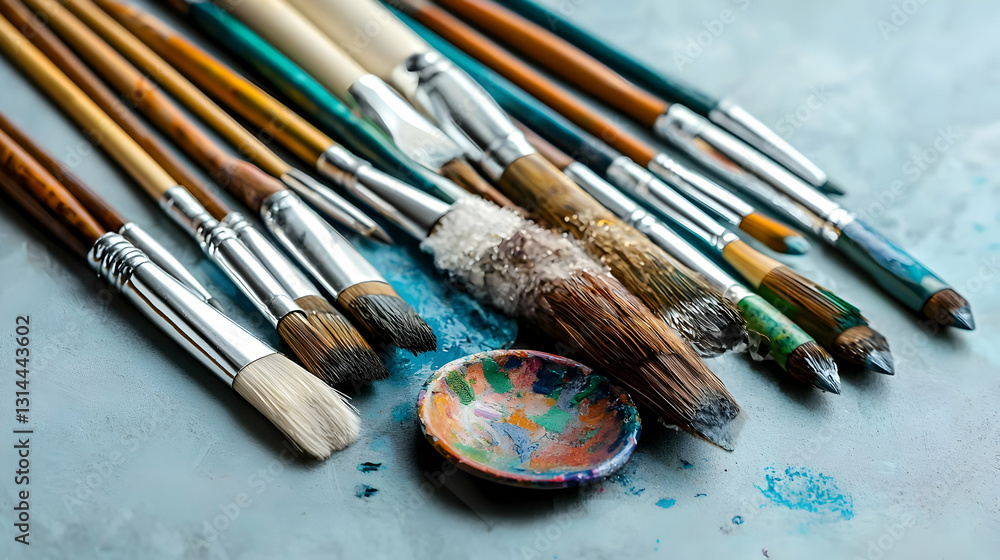 Fototapeta premium Close Up of Used Paint Brushes and a Palette with Blue Paint on a Textured Gray Surface Artistic Mess