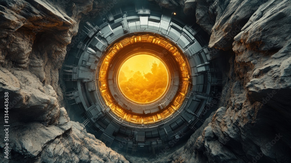 Fototapeta premium Alien portal, orange landscape, rocky cavern, futuristic device, science fiction