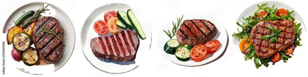 Png illustration of a grilled steak plate in watercolor style, including vegetables and garnishes, isolated on a transparent background Png illustration of a grilled steak plate in watercolor style, including vegetables and garnishes, isolated on a transparent background
