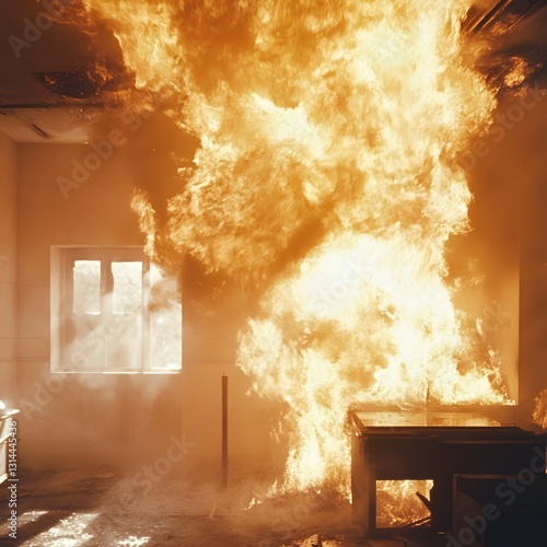 A flashover occurring inside a burning building, as heat and flames quickly spread throughout the room