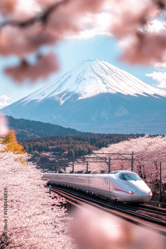 High speed train with beautiful cherry blossom flower at full blooming in Spring with mt. Fuji.