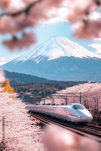 Obraz na płótnie High speed train with beautiful cherry blossom flower at full blooming in Spring with mt. Fuji. w salonie
