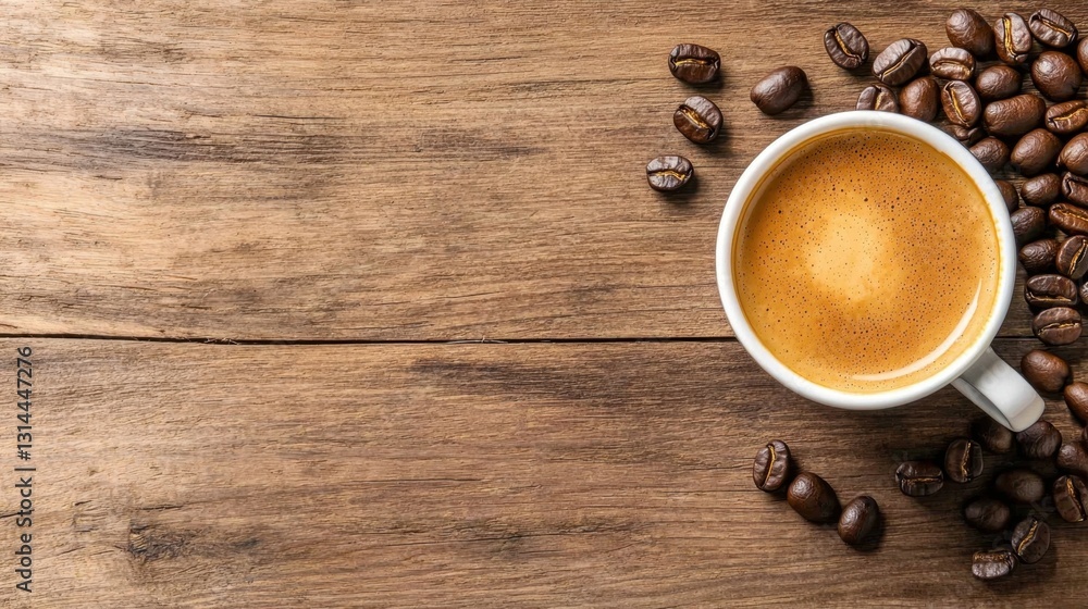 Freshly brewed espresso with coffee beans on a wooden surface Freshly brewed espresso with coffee beans on a wooden surface