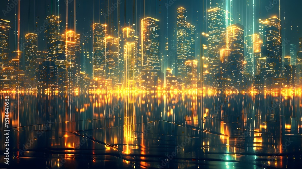 Fototapeta premium Mesmerizing Nighttime Skyline Reflected in Serene River