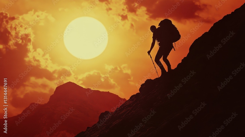 silhouette of hiker climbing mountain at sunset silhouette of hiker climbing mountain at sunset