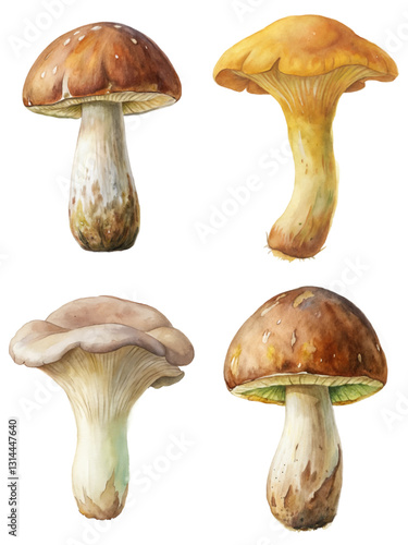 Realistic watercolor mushrooms, detailed botanical illustration, nature study, edible fungi, artistic depiction, organic shapes.