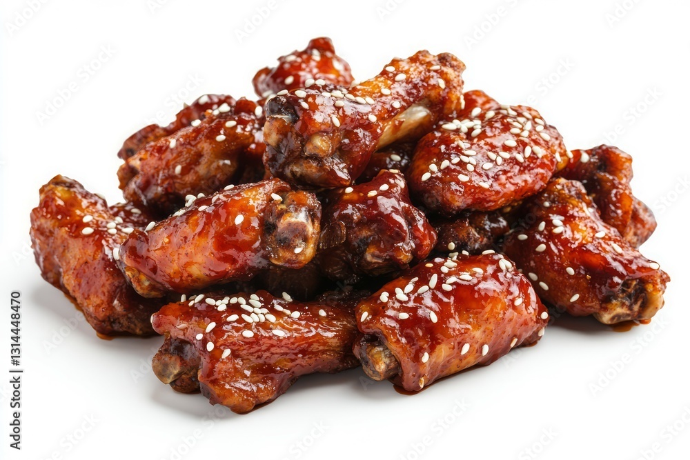 Glazed chicken wings with sesame and rosemary on white background. Neural network AI generated Glazed chicken wings with sesame and rosemary on white background. Neural network AI generated