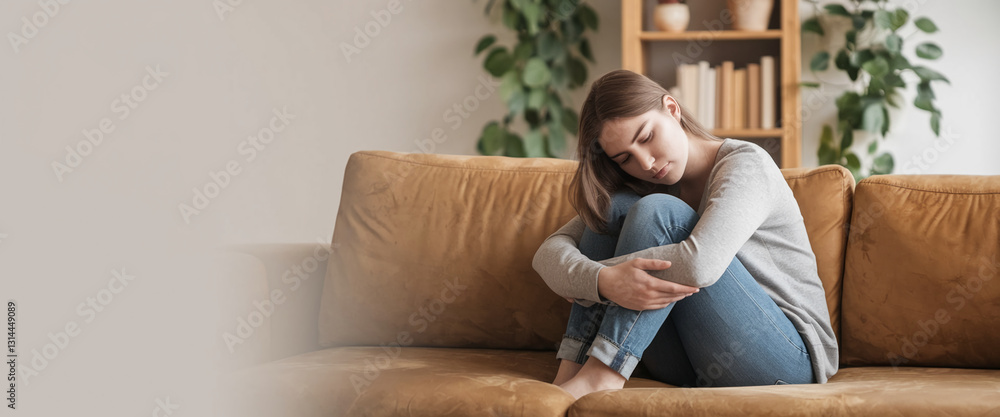 Obraz premium Young woman sits on brown couch, head bowed, knees hugged, conveying sadness or contemplation, ample free space for text