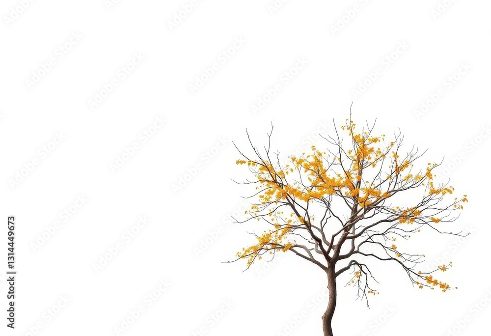 Fototapeta premium Single deciduous tree, stark branches against pure white, fall, countryside