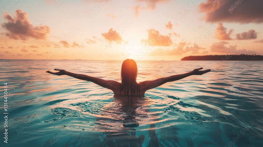 Fototapeta premium Floating in an infinity pool near the ocean a woman in a flowing dress arms stretched out as she glides through the water distant tropical islands