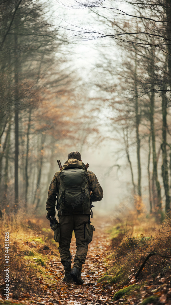 Hunter traversing misty woodland path during fall, bearing backpack and hunting rifle Hunter traversing misty woodland path during fall, bearing backpack and hunting rifle