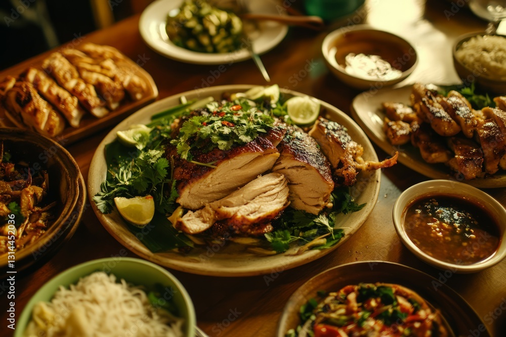 Grilled chicken with herbs on ceramic plate in natural light. Neural network AI generated Grilled chicken with herbs on ceramic plate in natural light. Neural network AI generated