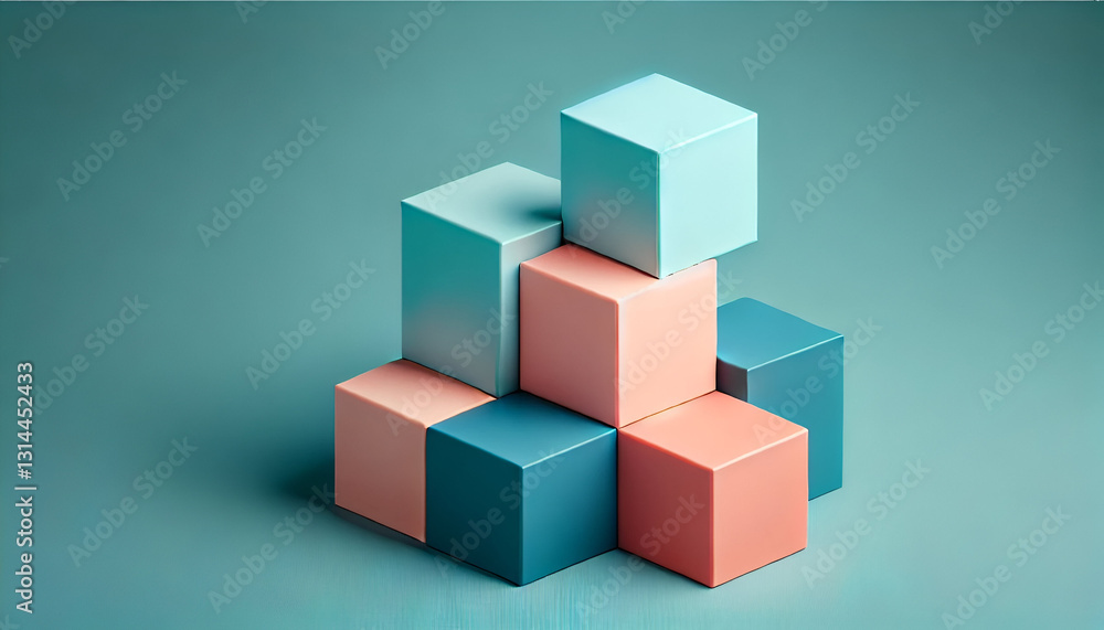 Stacked blue and pink cubes creating minimalist architectural composition
Stacked blue and pink cubes creating minimalist architectural composition