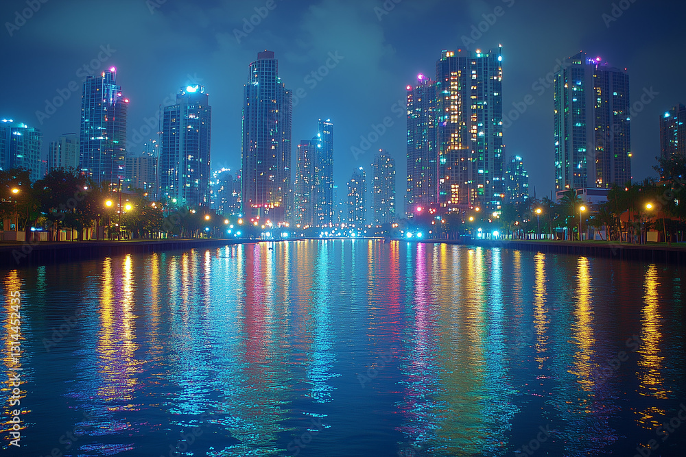 Fototapeta premium Dramatic City Lights Over Calm River