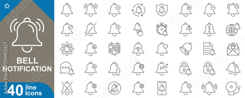 Bell notification icons set. Notification states including alerts, mute, ringing, security, messages, settings, user actions, and more for UI/UX vector illustration.