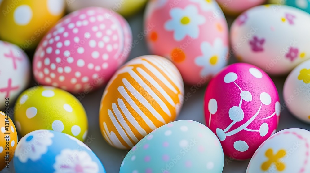 Vibrant Easter Egg Pattern Composition: Pink, Blue, Green, Yellow, Purple, Red, White, Orange Eggs with Stripes, Floral, Heart, Spiral, Geometric Designs Vibrant Easter Egg Pattern Composition: Pink, Blue, Green, Yellow, Purple, Red, White, Orange Eggs with Stripes, Floral, Heart, Spiral, Geometric Designs