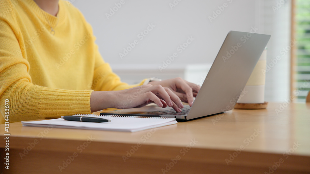 Fototapeta premium Young asian woman AI tech talent workforce help ask job upskill career plan class. Adult female asia people sit digital nomad work at home typing ChatGPT chat bot search data text online chatbot app.