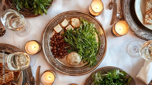 A festive table setting with traditional Passover Seder plate, symbolic foods, and lit candles photo