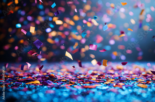 Colorful confetti falling on vibrant blue background with realistic motion blur, festive celebration concept for birthday party decorations, New Year events or joyful social media posts. Dynamic compo